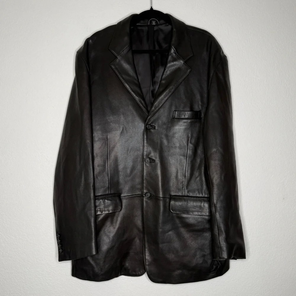 Nordstrom Black Lamb Leather Blazer Italian Made Three Button Jacket Size 46R